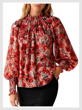 Chufy Bianca Silk Blend Balloon Sleeve Blouse Red Floral Size M
